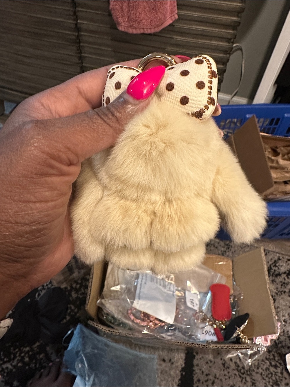 Plush Bunny Keychain Charm in Cream with Polka Dot Bow